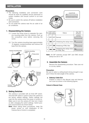 Page 9Note:All DIP switches except SW1 and SW2 should
always be set to off.
3. Assemble the Camera
Reverse the disassembly procedure. Take care not
to cut any cables.
Precaution
Be sure to select a ceiling board strong enough to sup-
port 4 times the total weight of the camera.
a. Sideway Cable Exit
Prepare a cutout in the diecast case and decora-
tion cover as shown in the following figures.
Cutout in Diecast Case
Status No.
-9-
INSTALLATION
Precautions
•The following installation and connection work
should...