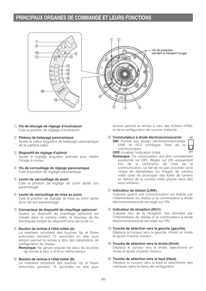 Page 40-40-
PRINCIPAUX ORGANES DE COMMANDE ET LEURS FONCTIONS
A
B
LEFTRI
G
H
TUPDO
W
NSET
LINK
LED
OFFLED
ON RCV
A
B
LEFT
RIG
HT
UP
DO
W
N
SET
LINK
LED
OFFLED
ONRCV
u
i
o !0
!1!2
!3
!4
!5
!6
!7
!9
!8
t
r q
y
w
Vis de protection 
pendant le transport (rouge)
e
qVis de blocage de réglage dinclinaisonCale la position de réglage dinclinaison.
wPlateau de balayage panoramiqueAjuste la valeur angulaire de balayage panoramique
de la caméra vidéo.
eDispositif de réglage dazimutAjuste le réglage angulaire azimutal pour...