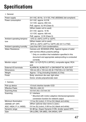 Page 4747
Specifications 
 General
 Camera Power supply 24 V AC, 60 Hz, 12 V DC, PoE (IEEE802.3af-compliant)
Power consumption 24 V AC: approx. 8.2 W, 
12 V DC: approx. 850 mA, 
PoE: approx. 9.2 W (Class 0)
(When heater unit is used)
24 V AC: approx. 16 W, 
12 V DC: approx. 920 mA, 
PoE: approx. 12 W (Class 0)
Ambient operating tempera-
ture-10ºC to +50ºC {14ºF to 122ºF}
(When heater unit is used)
-30ºC to +50ºC {-22ºF to 122ºF} (AC 24 V or PoE)
Ambient operating humidity Less than 90% (non-condensation)...