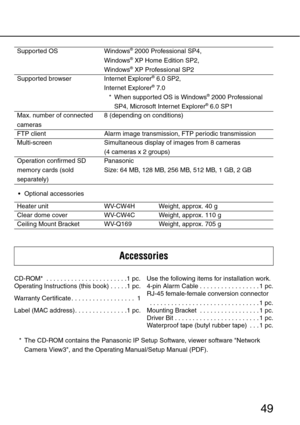 Page 4949
 Optional accessories Supported OS Windows
® 2000 Professional SP4, 
Windows® XP Home Edition SP2, 
Windows® XP Professional SP2
Supported browser Internet Explorer® 6.0 SP2, 
Internet Explorer® 7.0
* When supported OS is Windows® 2000 Professional 
SP4, Microsoft Internet Explorer® 6.0 SP1
Max. number of connected 
cameras8 (depending on conditions)
FTP client Alarm image transmission, FTP periodic transmission
Multi-screen Simultaneous display of images from 8 cameras 
(4 cameras x 2 groups)...