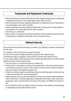 Page 77
 Microsoft, Windows, ActiveX and DirectX are either registered trademarks or trademarks 
of Microsoft Corporation in the United States and/or other countries.
 Intel and Pentium are either registered trademarks or trademarks of Intel Corporation in 
the United States and/or other countries.
 Adobe and Reader are either registered trademarks or trademarks of Adobe Systems 
Incorporated in the United States and/or other countries.
 The SD logo is a trademark.
 Other names of companies and products...