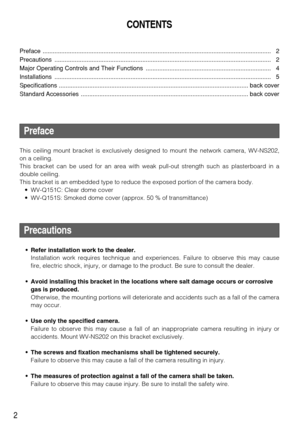 Page 22
CONTENTS
Preface ....................................................................................................................................... 2
Precautions ................................................................................................................................ 2
Major Operating Controls and Their Functions  .......................................................................... 4
Installations...