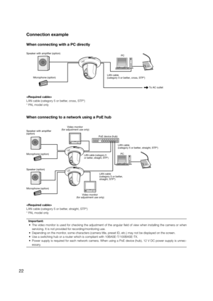 Page 22Connection example
When connecting with a PC directly

LAN cable (category 5 or better, cross, STP*)
* PAL model only
When connecting to a network using a PoE hub

LAN cable (category 5 or better, straight, STP*)
* PAL model onlyImportant:
  •  The video monitor is used for checking the adjustment of the angular fie\
ld of view when installing the camera or when  servicing. It is not provided for recording/monitoring use. 
  •  Depending on the monitor, some characters (camera title, preset ID, etc.) may...