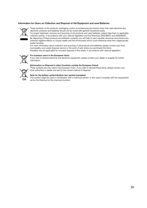 Page 3535
Information for Users on Collection and Disposal of Old Equipment and us\
ed Batteries
These symbols on the products, packaging, and/or accompanying documents mean that used electric\
al and 
electronic products and batteries should not be mixed with general household waste.
For proper treatment, recovery and recycling of old products and used batteries, please take them to applicable 
collection points, in accordance with your national legislation and the Directives 2002/96/EC and 2006/66/EC.
By...