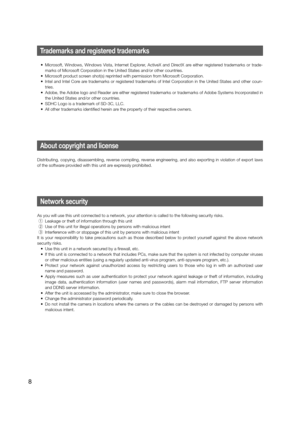 Page 8Trademarks and registered trademarks
  •  Microsoft, Windows, Windows Vista, Internet Explorer, ActiveX and DirectX are either registered trademarks or trade-marks of Microsoft Corporation in the United States and/or other countries.
  •  Microsoft product screen shot(s) reprinted with permission from Microsoft Corporation.
  •  Intel and Intel Core are trademarks or registered trademarks of Intel Corporation in the United States and other coun- tries.
  •  Adobe, the Adobe logo and Reader are either...