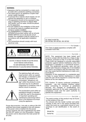 Page 22
CAUTION: TO REDUCE THE RISK OF ELECTRIC SHOCK,DO NOT REMOVE COVER (OR BACK).
NO USER-SERVICEABLE PARTS INSIDE.
REFER SERVICING TO QUALIFIED SERVICE PERSONNEL.
CAUTION
RISK OF ELECTRIC 
SHOCK DO NOT OPEN
The lightning flash with arrow-
head symbol, within an equilat-
eral triangle, is intended to alert 
the user to the presence of 
uninsulated "dangerous volt-
age" within the product's enclo-
sure that may be of sufficient 
magnitude to constitute a risk of 
electric shock to persons.
The...