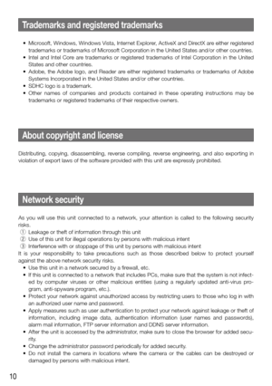 Page 1010
Network security
As  you  will  use  this  unit  connected  to  a  network,  your  attention  is  called  to  the  following  security 
risks. 
 q  Leakage or theft of information through this unit
  w  Use of this unit for illegal operations by persons with malicious intent\
  e  Interference with or stoppage of this unit by persons with malicious intent
It  is  your  responsibility  to  take  precautions  such  as  those  described  below  to  protect  yourself 
against the above network security...