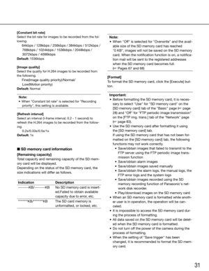 Page 3131
[Constant bit rate]
Select the bit rate for images to be recorded from the fol-
lowing.
   64kbps / 128kbps / 256kbps / 384kbps / 512kbps / 
768kbps / 1024kbps / 1536kbps / 2048kbps / 
3072kbps / 4096kbps
Default: 1536kbps
[Image quality]
Select the quality for H.264 images to be recorded from 
the following.
    Fine(Image quality priority)/Normal/ 
Low(Motion priority)
Default: Normal
Note:
	 •	 When	"Constant	bit	rate"	is	selected	for	"Recording  priority", this setting is...