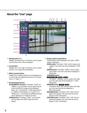Page 88
About the "Live" page
    
 q [ Setup] button (*1)
    Displays the setup menu. The button will turn green 
and the setup menu will be displayed.
  w  [Live] button
    Displays the "Live" page. The button will turn green 
and the "Live" page will be displayed.
  e  [Multi-screen] buttons
    Images from multiple cameras can be displayed on 
a multi-screen by registering cameras on the setup 
menu. (☞ Page 11)
  r [ Compression] buttons
[H.264]/[MPEG-4] button: The letters...
