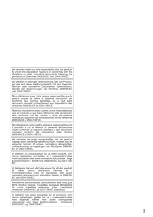 Page 33
We declare under our sole responsibility that the product 
to which this declaration relates is in conformity with the 
standards or other normative documents following the 
provisions of Directives 2006/95/EC and 2004/108/EC.
Nosotros declaramos bajo nuestra única responsabili dad 
que el producto a que hace referencia esta declaración 
está conforme con las normas u otros documentos 
normativos siguiendo las estipulaciones de las directivas 
2006/95/CE y 2004/108/CE.
Noi dichiariamo sotto nostra...