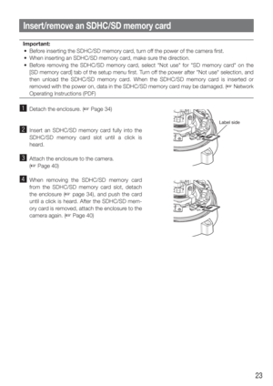 Page 2323
Important:
  •  Before inserting the SDHC/SD memory card, turn off the power of the camera first.
  •  When inserting an SDHC/SD memory card, make sure the direction.
  •  Before removing the SDHC/SD memory card, select "Not use" for "SD memory card" on the  [SD memory card] tab of the setup menu first. Turn off the power after "Not use" selection, and 
then unload the SDHC/SD memory card. When the SDHC/SD memory card is inserted or 
removed with the power on, data in the...