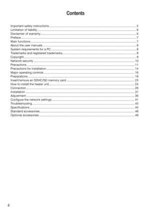 Page 44
Contents
Important safety instructions ........................................................................\
................................. 5
Limitation of liability ........................................................................\
............................................... 6
Disclaimer of warranty ........................................................................\
........................................... 6
Preface...