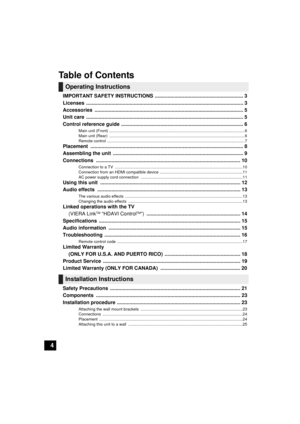 Page 44
Table of Contents
IMPORTANT SAFETY INSTRUCTIONS  ............................................................... 3
Licenses ................................................................................................................ 3
Accessories .......................................................................................................... 5
Unit care  ................................................................................................................ 5
Control reference...