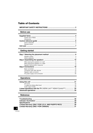 Page 44
VQT4D53
Table of Contents
IMPORTANT SAFETY INSTRUCTIONS .............................................................. 2
Before use
Supplied items ..................................................................................................... 5
System (SC-HTB20)  ................................................................................................................ 5
Accessories...