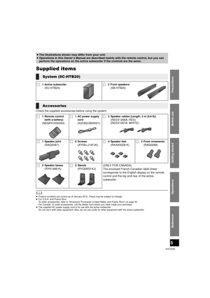 Page 55
Precautions
Reference
Getting started
Before use
Operations
VQT4D53
#FGP SFVT F
Supplied items
Check the supplied accessories before using the system.
	≥Product numbers are correct as of January 2012. These may be subject to change.
≥ For U.S.A. and Puerto Rico: 
To order accessories, refer to “Accessory Purchases (United States and Puerto Rico)” on page 30.
For Canada: To order accessories, call the dealer from whom you have made your purchase.
≥ The supplied AC power supply cord is for use with the...