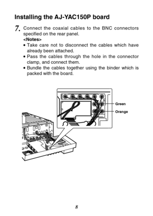 Page 88
Installing the AJ-YAC150P board
Green
Orange
7.Connect the coaxial cables to the BNC connectors
specified on the rear panel.

TTake care not to disconnect the cables which have
already been attached.
TPass the cables through the hole in the connector
clamp, and connect them.
TBundle the cables together using the binder which is
packed with the board. 