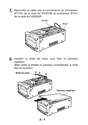 Page 40K– 9
6.Installer la bride de carte, puis fixer le panneau
supérieur.
(Bien veiller à installer le panneau correctement, à l’aide
des vis fournies.)
Bride de carte
Panneau supérieur
5.Raccorder le câble plat en provenance du connecteur
(P1101) de la carte AV SYSCON au connecteur (P101)
de la carte AJ-YAD250P.
P101 P1101 