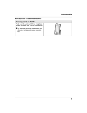Page 3Para expandir su sistema telefónico
Auricular (opcional): KX-PRXA10
Puede expandir su sistema telefónico si registra au-
riculares opcionales (máx. 6) a una sola unidad ba-
se.
R Los auriculares opcionales pueden ser de color
diferente al de los auriculares que se suminis-
tran. 3Introducción
PRX120_QG_(es-es)_0108_ver.110.pdf   32014/01/08   13:12:59  