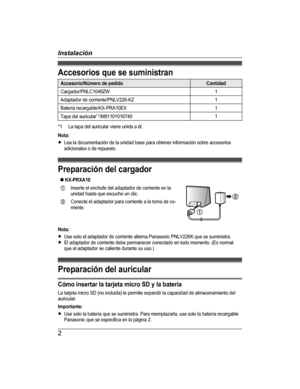 Page 2Acceso rio s q ue s e s u m in is tr a n
Acceso rio /N úm ero  d e p ed id oC an tid ad
C arg ador/P N LC 1049Z W 1
A dapta dor d e c o rrie nte /P N LV 226-K Z 1
B ate ría  r e ca rg able /K X-P R A10E X 1
T apa d el  a uric u la r*
1
/M 81101016740 1
*
1 La ta pa d el  a uric u la r v ie ne u nid a a  é l.
N ota :
R Lea la  d ocu m enta ció n d e la  u nid ad b ase  p ara  o bte ner in fo rm ació n s o bre  a cce so rio s
a dic io nale s o  d e r e puesto .
P re p ara ció n d el c arg ad or
n  K X-P R...