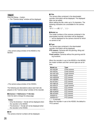 Page 2626
Step 9
Click the [Setup…] button.
→The Camera setup window will be displayed.


The following are descriptions about each item dis-
played on the Camera setup window of the recorder.
[Camera 1-16]/[Camera 17-32] tabs
Click the tab to change the setup page.
Notes:
•Only the [Camera 1-16] tab will be displayed when
the recorder is the ND200.
•The [Camera 1-16] tab will not be displayed when
the recorder is the HD300.
CH
The camera channel numbers will be displayed.Title
The camera titles contained in...