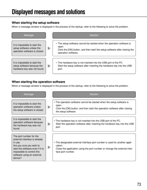 Page 7373
Displayed messages and solutions
When starting the setup software
When a message window is displayed in the process of the startup, refer to the following to solve the problem.
•The setup software cannot be started when the operation software is
open.
Click the [OK] button, and then start the setup software after closing the
operation software.
•The hardware key is not inserted into the USB port of the PC.
Start the setup software after inserting the hardware key into the USB
port.
SolutionMessage
It...