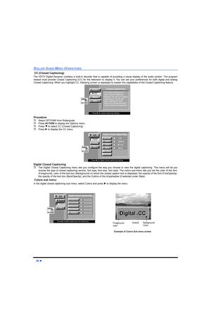 Page 32l
52//(5*8,(0(1823(5$7,216
&&&ORVHG&DSWLRQLQJ
7KH +79 LJLWDO 5HFHLYHU FRQWDLQV D EXLOWLQ GHFRGHU WKDW LV FDSDEOH RI SURYLGLQJ D YLVXDO GLVSOD\ RI WKH DXGLR SRUWLRQ 7KH SURJUDP
YLHZHG PXVW SURYLGH &ORVHG &DSWLRQLQJ && IRU WKH WHOHYLVLRQ WR GLVSOD\ LW 