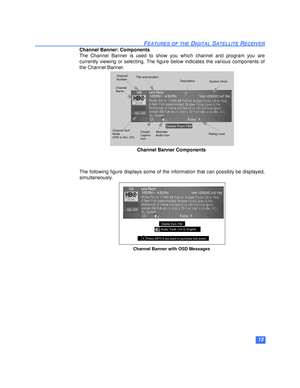 Page 1413
FEATURES OF THE DIGITAL SATELLITE RECEIVER
Channel Banner: Components
The Channel Banner is used to show you which channel and program you are
currently viewing or selecting. The figure below indicates the various components of
the Channel Banner.
The following figure displays some of the information that can possibly be displayed,
simultaneously.Channel Banner Components
System Clock
Channel
Name
Channel Surf 
Mode 
(FAV or ALL CH)Channel
NumberAlternate
Audio IconRating LevelClosed 
Caption
Icon...