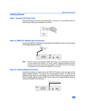 Page 1817
GETTING STARTED
Getting Started
Step 1. Connect AC Power Cord
Plug the AC power cord into a grounded outlet.  Do not turn on any devices until you
have finished making all necessary connections.
Step 1a. DIRECTV Satellite dish Connection
Connect the DIRECTV Satellite dish downlead to the Satellite In jack on the rear panel
of the Digital Satellite Receiver.
Note:With this receiver and the proper satellite dish antenna, you may be able to subscribe
to local channels from DIRECTV in certain markets....