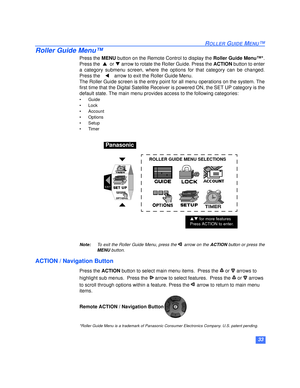 Page 3433
ROLLER GUIDE MENU™
Roller Guide Menu™
Press the MENU button on the Remote Control to display the Roller Guide Menu™*.
Press thepor q arrow to rotate the Roller Guide. Press the ACTION button to enter
a category submenu screen, where the options for that category can be changed.
Press the t arrow to exit the Roller Guide Menu.
The Roller Guide screen is the entry point for all menu operations on the system. The
first time that the Digital Satellite Receiver is powered ON, the SET UP category is the...