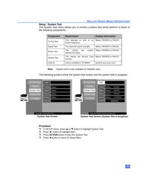 Page 4241
ROLLER GUIDE MENU OPERATIONS
Setup : System Test
The System Test menu allows you to invoke a system test which perform a check of
the following subsystems.
Note:System test is only available for Satellite input.
The following screens show the system test screen and the system test in progress.
Procedure
rIn SETUP menu, press p or q button to highlight System Test.
rPressubutton to highlight Start.
rPress ACTION button to start the System Test.
rPress t button to return to Setup Menu....