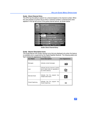 Page 4847
ROLLER GUIDE MENU OPERATIONS
Guide : Direct Channel Entry
The APG has the ability to search for a channel based on the channel number. When 
the user presses a numeric key to enter in channel numbers, a channel entry area 
appears in the top left corner of the guide channel banner, as shown below.
Guide : Banner Description Icons
The Guide Banner will contain several icons that are displayed only when the feature
is available and is supported by the Digital Satellite Receiver. The following table and...
