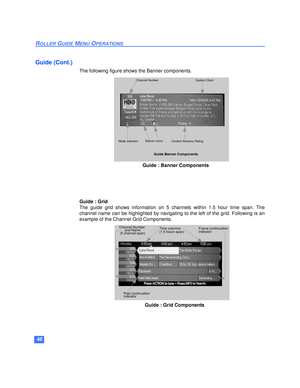 Page 4948
ROLLER GUIDE MENU OPERATIONS
Guide (Cont.)
The following figure shows the Banner components.
Guide : Grid
The guide grid shows information on 5 channels within 1.5 hour time span. The
channel name can be highlighted by navigating to the left of the grid. Following is an
example of the Channel Grid Components.
System Clock
Content Advisory RatingBanner IconsMode selection
Guide Banner Components
Channel Number
Guide : Banner Components
Guide : Grid Components
Past continuation
indicator
Time columns...