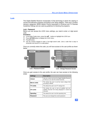 Page 5049
ROLLER GUIDE MENU OPERATIONS
Lock
This Digital Satellite Receiver incorporates V-Chip technology to block the viewing of
movies and television programs according to the rating category. There are 2 Content
Advisory categories: MPAA (Motion Picture Association of America) and TV Parental
Guidelines Ratings and are used as guidelines for blocking the programs. 
Lock : Password
Before you can access the LOCK menu settings, you need to enter a 4 digit secret
code.
Procedure
rIn the Roller Guide menu,...