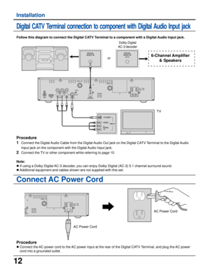 Page 1212
Installation
Digital CATV Terminal connection to component with Digital Audio Input jack
Follow this diagram to connect the Digital CATV Terminal to a component with a Digital Audio Input jack.
Procedure
1
Connect the Digital Audio Cable from the Digital Audio Out jack on the Digital CATV Terminal to the Digital Audio
Input jack on the component with the Digital Audio Input jack.
2Connect the TV or other component while referring to page 10.
Note:
l If using a Dolby Digital AC-3 decoder, you can enjoy...