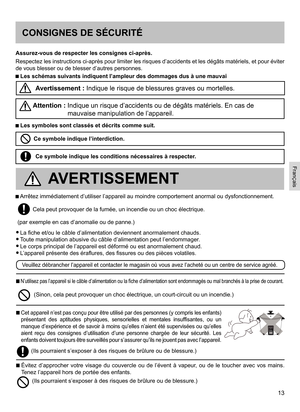 Page 1313
CONSIGNES DE SÉCURITÉ
Assurez-vous de respecter les consignes ci-après.
 Les schémas suivants indiquent l’ampleur des dommages dus à une mauvai
 Les symboles sont classés et décrits comme suit.
Ce symbole indique l’interdiction.
Ce symbole indique les conditions nécessaires à respecter.
Respectez les instructions ci-après pour limiter les risques d’accidents et les dégâts matériels, et pour éviter 
de vous blesser ou de blesser d’autres personnes. 
Avertissement : Indique le risque de blessures graves...