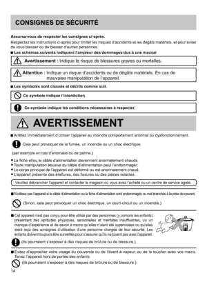 Page 1414
CONSIGNES DE SÉCURITÉ
Assurez-vous de respecter les consignes ci-après.
 Les schémas suivants indiquent l’ampleur des dommages dus à une mauvai
 Les symboles sont classés et décrits comme suit.Ce symbole indique l’interdiction.
Ce symbole indique les conditions nécessaires à respecter.
Respectez les instructions ci-après pour limiter les risques d’accidents et les dégâts matériels, et pour éviter 
de vous blesser ou de blesser d’autres personnes. 
Avertissement : Indique le risque de blessures graves...