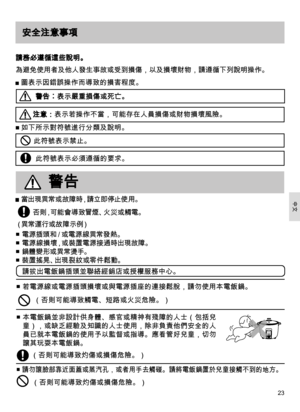 Page 2323
安全注意事項
請務必遵循這些說明。
 圖表示因錯誤操作而導致的損害程度。如下所示對符號進行分類及說明。 此符號表示禁止。
此符號表示必須遵循的要求。
為避免使用者及他人發生事故或受到損傷，以及損壞財物，請遵循下列說明操作。 
警告︰表示嚴重損傷或死亡。
注意：表示若操作不當，可能存在人員損傷或財物損壞風險。
 當出現異常或故障時，請立即停止使用。
否 則 ，可 能 會 導 致 冒 煙 、火 災 或 觸 電 。
（異 常 運 行 或 故 障 示 例）
■ 電源插頭和／或電源線異常發熱。
■ 電源線損壞，或裝置電源接通時出現故障。
■ 鍋體變形或異常燙手。
■ 裝置搖晃、出現裂 紋或零件鬆動。 請拔出電飯鍋插頭並聯絡經銷店或授權服務中心。
■ 若電源線或電源插頭損壞或與電源插座的連接鬆脫，請勿使用本電飯鍋。
■   本電飯鍋並非設計供身體、感官或精神有殘障的人士（包括兒
童），或缺乏經驗及知識的人士使用，除非負責他們安全的人
員已就本電飯鍋的使用予以監督或指導。應看管好兒童，切勿
讓其玩耍本電飯鍋。 （否則可能導致觸電、短路或火災危險。）
警告
（否則可能導致灼傷或損傷危險。）
■...