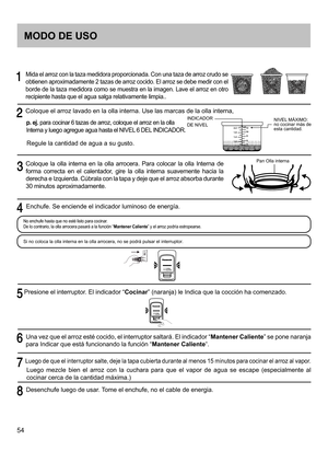 Page 5454
     Mida el arroz con la taza medidora proporcionada. Con una taza de arroz crudo se 
obtienen aproximadamente 2 tazas de arroz cocido. El arroz se debe medir con el 
borde de la taza medidora como se muestra en la imagen. Lave el arroz en otro 
recipiente hasta que el agua salga relativamente limpia.
.
  Coloque el arroz lavado en la olla interna. Use las marcas de la olla interna,
p. ej. para cocinar 6 tazas de arroz, coloque el arroz en la olla 
Interna y luego agregue agua hasta el NIVEL 6 DEL...