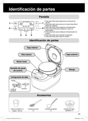 Page 237Quinoa
Pantalla
Identiﬁ cación de partes
1. Pulse este botón para seleccionar una función de 
cocción.
2. Pulse este botón para entrar en el modo Keep Warm 
(Mantener caliente).
3. Pulse este botón para programar el temporizador.
4. Pulse esete botón para conﬁ gurar el reloj o el 
temporizador. 
5. Pulse este botón para conﬁ gurar el temporizador de 
cocción.
6. Pulse este botón para cancelar la operación.
7. Pulse este botón para iniciar la cocción.
Conﬁ guración de cable
Accesorios
Vaso de medición...