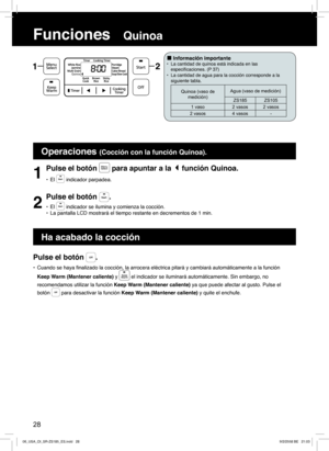Page 28Quinoa
28
Funciones   Quinoa
1
Pulse el botón  para apuntar a lafunción Quinoa.
• El  indicador parpadea.
2
Pulse el botón .
• El  indicador se ilumina y comienza la cocción.
•  La pantalla LCD mostrará el tiempo restante en decrementos de 1 min.
Pulse el botón .
•  Cuando se haya ﬁ nalizado la cocción, la arrocera eléctrica pitará y cambiará automáticamente a la función 
Keep Warm (Mantener caliente) y 
 el indicador se iluminará automáticamente. Sin embargo, no 
recomendamos utilizar la función Keep...