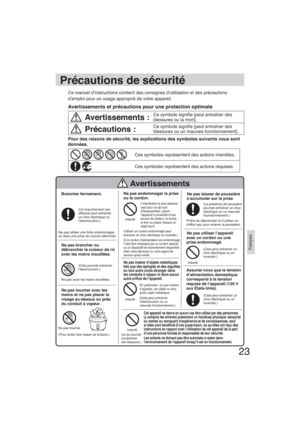 Page 2323
Français
Ces symboles représentent des actions interdites.
Ces symboles représentent des actions requises.
Avertissements :Ce symbole signi e [peut entraîner des 
blessures ou la mort].
Précautions :Ce symbole signi e [peut entraîner des 
blessures ou un mauvais fonctionnement].
Ce manuel d’instructions contient des consignes d’utilisation et des précautions 
d’emploi pour un usage approprié de votre appareil.
Avertissements et précautions pour une protection optimale
Précautions de sécurité
Pour...