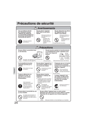 Page 2424
Français
Une surveillance étroite 
est nécessaire lorsque 
l’appareil est utilisé par
ou à proximité d’enfants ou 
personnes handicapées ou 
à proximité de ceux-ci.
(Cela peut entraîner 
des brûlures.)
Ne pas placer l’appareil 
dans l’eau ou tout autre 
liquide.
(Cela peut entraîner un 
choc électrique ou un 
incendie.)
Consulter votre 
fabricant en cas 
de fuite d’eau à 
l’intérieur de votre 
appareil.
Ne pas démonter les pièces 
de l’appareil pour les 
réparer vous-mêmes.
(Cela peut entraîner un...