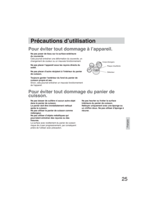 Page 2525
Français
Précautions d’utilisation
Pour éviter tout dommage à l’appareil.
Pour éviter tout dommage du panier de 
cuisson.
Ne pas poser de tissu sur la surface extérieure
du couvercle.
Cela pourrait entraîner une déformation du couvercle, un 
changement de couleur ou un mauvais fonctionnement.
Ne pas placer l’appareil sous les rayons directs du 
soleil.
Ne pas placer d’autre récipient à l’intérieur du panier
de cuisson.
Toujours garder l’extérieur du fond du panier de 
cuisson propre et sec. 
Sinon,...
