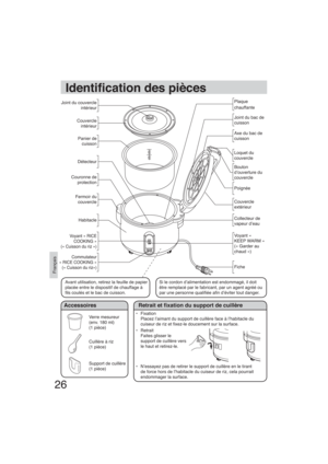 Page 2626
Français
Identi cation des pièces
Collecteur de 
vapeur d’eau
Voyant « 
KEEP WARM » 
(« Garder au 
chaud »)
Fiche Joint du couvercle 
intérieur
Couvercle 
intérieur
Panier de 
cuisson
Détecteur
 
Couronne de 
protection
Fermoir du 
couvercle
Habitacle
Voyant « RICE 
COOKING » 
(« Cuisson du riz »)
Commutateur 
« RICE COOKING » 
(« Cuisson du riz»)
Accessoires
Verre mesureur
(env. 180 ml)
(1 pièce)
Cuillère à riz
(1 pièce)
Support de cuillère
(1 pièce)
Retrait et  xation du support de cuillère
•...