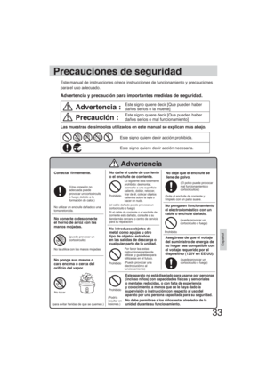 Page 3333
Español
Este signo quiere decir acción prohibida.
Este signo quiere decir acción necesaria.
Advertencia :Este signo quiere decir [Que pueden haber
daños serios o la muerte]
Precaución :Este signo quiere decir [Que pueden haber
daños serios o mal funcionamiento]
Este manual de instrucciones ofrece instrucciones de funcionamiento y precauciones 
para el uso adecuado.
Advertencia y precaución para importantes medidas de seguridad.
Precauciones de seguridad
Las muestras de símbolos utilizados en este...