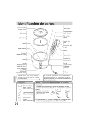 Page 3636
Español
Identi cación de partes
Colector de 
condensación
Luz de 
“KEEP WARM” 
(“mantener 
caliente”)
Enchufe Cierre hermético 
de tapa interior
Tapa interior
Sartén interior
Sensor 
Borde protector
Traba (del 
pestillo) de la tapa
Cuerpo
Luz de 
“RICE COOKING” 
(“cocción de arroz”)
Botón interruptor 
para “RICE 
COOKING” 
(“cocción de arroz”)
Accesorios
Taza de medición
(aprox. 180 ml)
(1 taza individual.)
Cucharón de arroz
(1 taza individual.)
Sostenedor de 
cuchara
(1 taza individual.)
Si el cable...