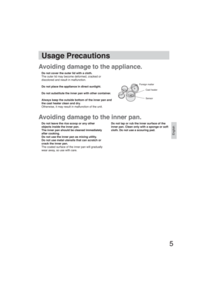 Page 5English
5
Usage Precautions
Avoiding damage to the appliance.
Avoiding damage to the inner pan.
Do not cover the outer lid with a cloth.
The outer lid may become deformed, cracked or 
discolored and result in malfunction.
Do not place the appliance in direct sunlight.
Do not substitute the inner pan with other container.
Always keep the outside bottom of the inner pan and 
the cast heater clean and dry. 
Otherwise, it may result in malfunction of the unit.
Foreign matter
Cast heater
Sensor
Do not leave...