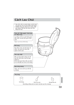 Page 5959
Vietnamese
Cách Lau Chùi
Phuï tuøng
C0c ong
Thìa xi cmVaät giöõ thìa xôùi
Ra b/ng ming mút và nc ra bát sau khi s dng.
 Hãy ch!c ch!n rút phích in và tin hành 
các thao tác này sau khi thit b ã ngui.
  KHÔNG dùng các cht nh ét x7ng, cht 
pha loãng, cht bt ty hoc bàn chi 
b/ng kim loi.
Thaân noài / Naép ngoaøi / Vaønh baûo 
veä / Naép trong
Lau b/ng vi m và gi% không gây
try xc, sau ó ra sch và lau 
sch.
*Löu yù : Lau chuøi sau moãi laàn duøng.
Noài trong
Ra b/ng...