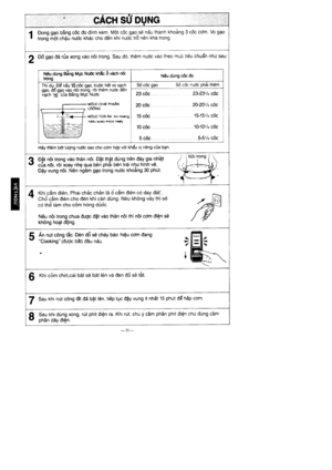 Page 12I
I
E
sU puNc
1 Dong gqo bHng c6c do dinh kdm. Mot c6c gao-s€ ndu thanh khoAng 3 coc cdm. Vo g4oI trong mQr cnau nrJdc khdc cho d6n khi nudc tr8 nen khd trong.
2 OU gao cld nla xong vAo nbi trong. Sau do, th6m nudc vAo theo muc ti6u chudn nhU sau:
N6u dtng Bing MrJc Nrffc khlc 8 vAch rdiIror€Ndu ding cdc do
I  [t:ccH* PHAAN
Thi du:Od ndu 15 coc A?o, truoc h6t vo sachoao. d6oao vdo n6i tronq, rdi th6m nt/oc d6niach 15-cia Beng MVCNudc
MOuc roAt NA xin noengnaAu quai moirc n@yi,T
+
6 Khi c6m chiri,cdi bAt...