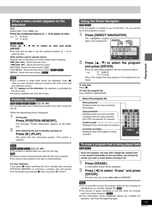 Page 1717
RQT7237
Playing back
[VCD]
Switch [DVD, TV] to “DV D” and
Press the numbered buttons (0, 1j9) to select an item.
e.g., “5”: [0] ➜ [5]
“15”: [1] ➜ [5]
[DVD-A] [DVD-V]
Press [3, 4, 2, 1] to select an item and press
[ENTER].
≥You may also be able to use the numbered buttons (0, 1j9) to
select an item.
Other buttons used to operate menus
Read the disc’s instructions for further details about operation.
[9][5]: Shows the next menu.
[:][4]: Shows the previous menu.
[RETURN]: Shows the menu screen. [VCD]...